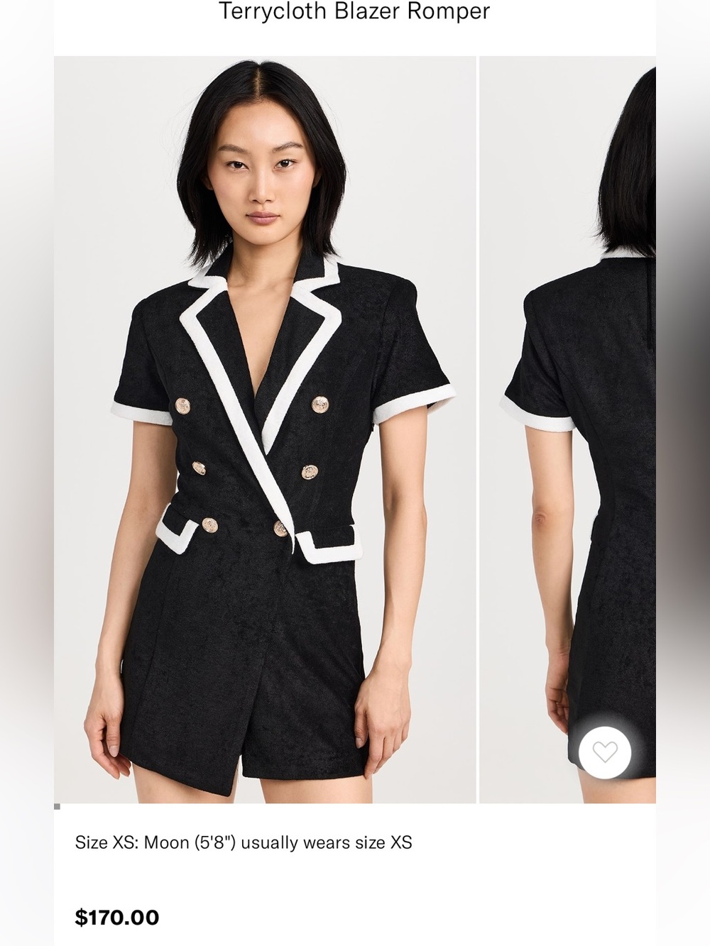 English Factory Black Blazer Romper with White Trim terry cloth L